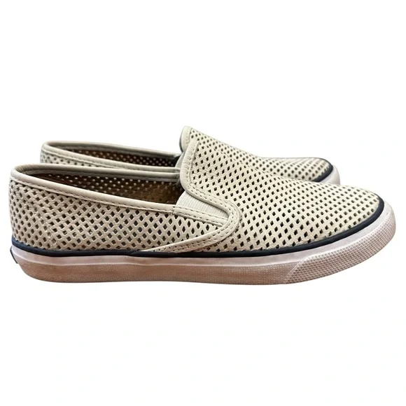 Sperry Seaside Perforated Slip On Boat Shoe in white leather Size 6.5 - Picture 3 of 10